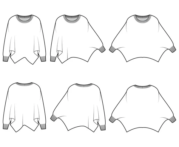 Conjunto de suéteres batwing manga técnica de la moda ilustración con el cuello ovalado costilla, de gran tamaño, longitud de la cadera, ajuste de punto. Plano — Vector de stock