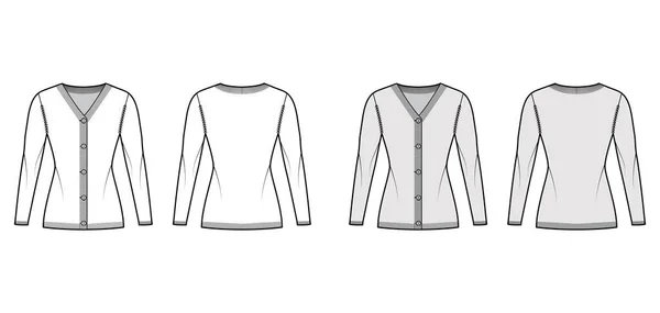 Ζακέτα πουλόβερ τεχνική απεικόνιση μόδας με πλευρά V - λαιμό, μακριά μανίκια, κλείσιμο κουμπί λεπτή εφαρμογή, πλεκτό τελειώματα. Επίπεδη — Διανυσματικό Αρχείο