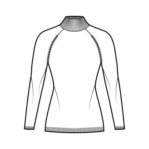 Turtleneck Trui technische mode illustratie met lange raglan mouwen, passend lichaam, heuplengte, gebreide trim trui — Stockvector