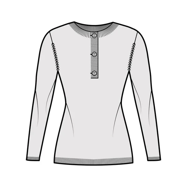 Trui henley hals technische mode illustratie met lange mouwen, slim fit, hippe lengte, rib gebreide trim. Platte springer — Stockvector