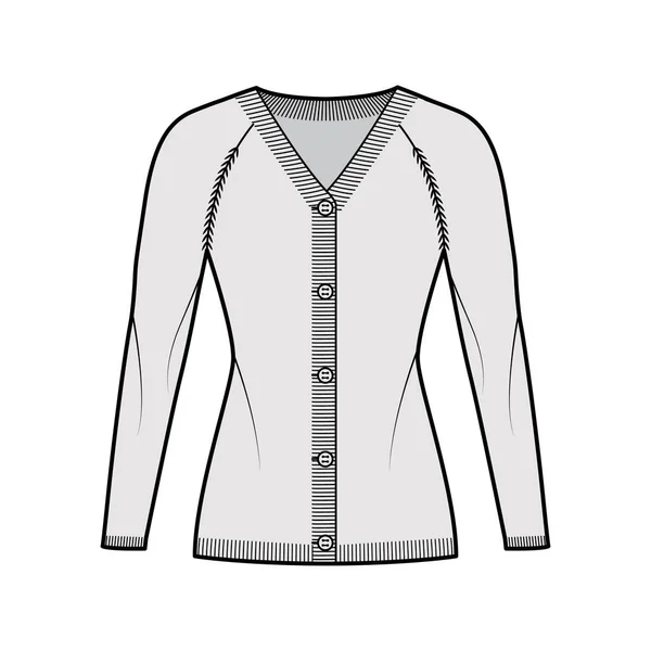 Sweter Cardigan Ilustracja moda techniczna z żebrem V-neck, długi rękaw raglan, zamek guzik szczupły dopasowanie, wykończenie dzianiny — Wektor stockowy