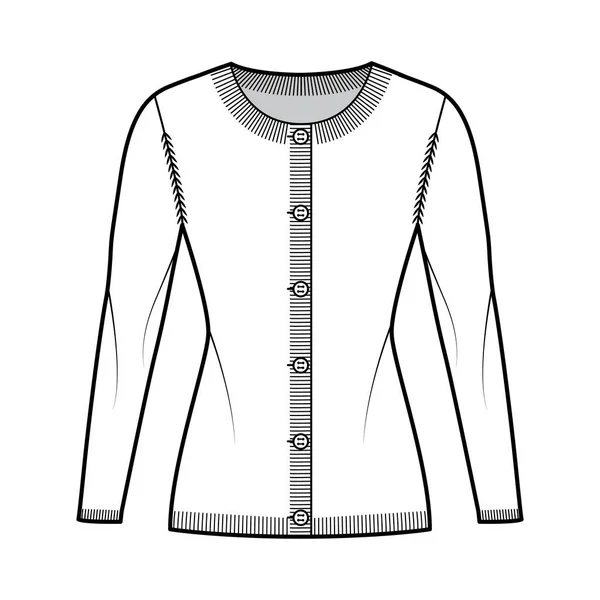 Kulatý krční svetr technické módní ilustrace s dlouhými rukávy, vhodné tělo, délka boku, pletená žebra. oděv — Stockový vektor
