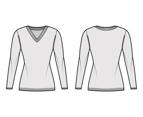 V-neck Sweter ilustracja moda techniczna z długimi rękawami, smukłe dopasowanie, długość uda, wykończenie żeber dzianiny. Skoczek płaski — Wektor stockowy