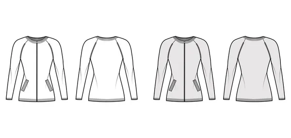 Sweter sweter techniczny moda ilustracja z szyją załogi, raglan rękawy, dopasowany korpus, wykończenie dzianiny, kieszenie — Wektor stockowy
