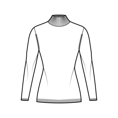 Balıkçı yaka kazak, uzun kollu, vücut, kalça uzunluğu, örgü örgülü, teknik moda çizimi. Atlama giysisi