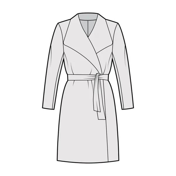 Wrap coat technical fashion illustration with tie, long sleeves, shawl lapel collar, oversized body, knee length. Flat — Stock Vector