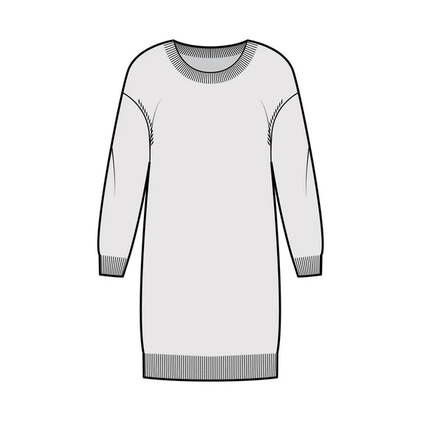 Robe Col rond Pull illustration de mode technique avec manches longues tombées, corps relax, longueur du genou, bordure de côtes — Image vectorielle