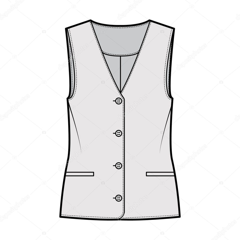 Button front vest waistcoat technical fashion illustration with sleeveless, welt besom pockets, fitted body Flat apparel