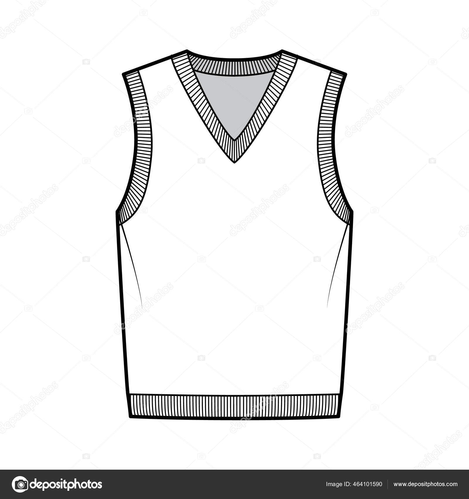 Pullover vest sweater waistcoat technical fashion illustration with  sleeveless, rib knit V-neckline, oversized body Stock Vector Image by  ©Katya_Golovchyn #464101590