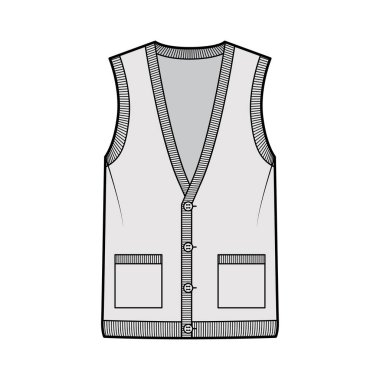 Cardigan yelek, kolsuz, V yakalı, düğmeli, cepli teknik moda illüstrasyon.