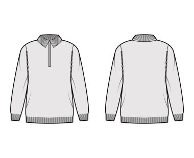 Fermuarlı süveter teknik tasviri kaburga henley boyun, klasik yaka, uzun kollu, büyük beden, kalça uzunluğu