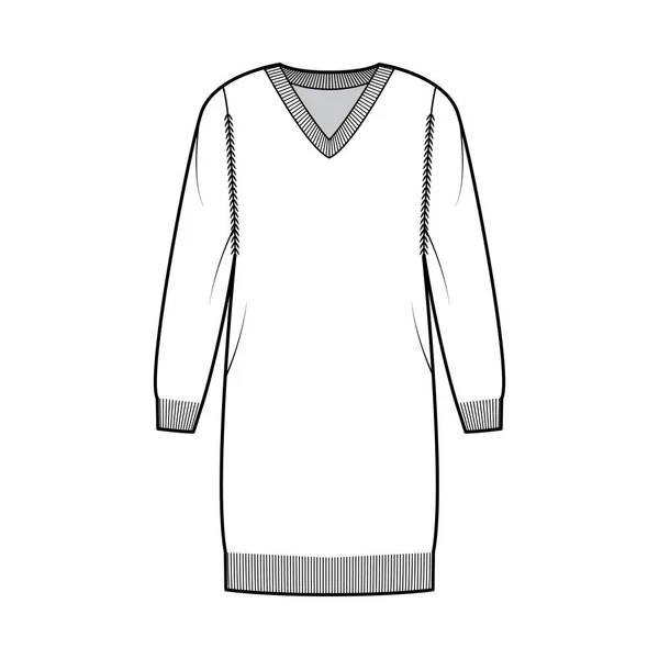 V-Ausschnitt Kleid Pullover technische Mode Illustration mit langen Ärmeln, entspannte Passform, knielang, Strickrippenbesatz Flachpullover — Stockvektor