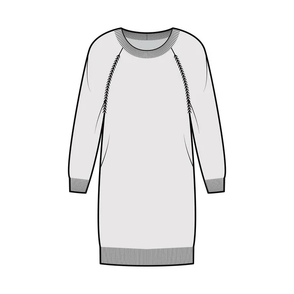 Round neck dress Sweater technical fashion illustration with long raglan sleeves, oversized body, knee length, rib trim — Stock Vector