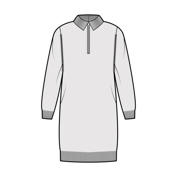 Zip-up klänning Tröja teknisk mode illustration med henley hals, klassisk krage, lång ärm, överdimensionerad, höft längd — Stock vektor
