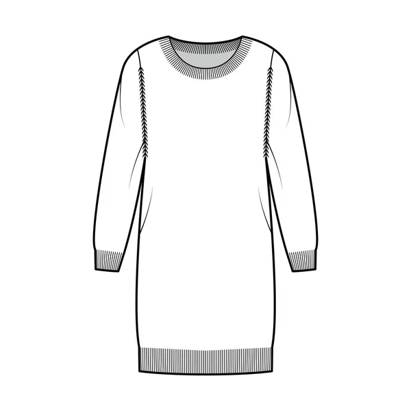 Kleid Rundhalsausschnitt Pullover technische Mode Illustration mit langen Ärmeln, übergroßer Körper, knielang, Strickbündchen — Stockvektor