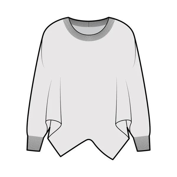 Pullover fledermausärmel technische modeillustration mit rippenovalem hals, übergroß, hüftlänge, strickbesatz. Flache Kleidung — Stockvektor