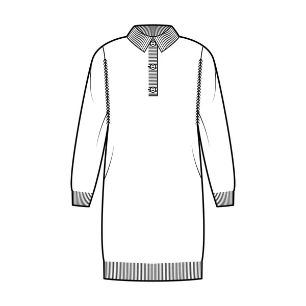 Φόρεμα Polo πουλόβερ τεχνική εικόνα μόδας με λαιμό henley, κλασικό γιακά, μακριά μανίκια, μήκος γόνατος, πλεκτό τελειώματα — Διανυσματικό Αρχείο