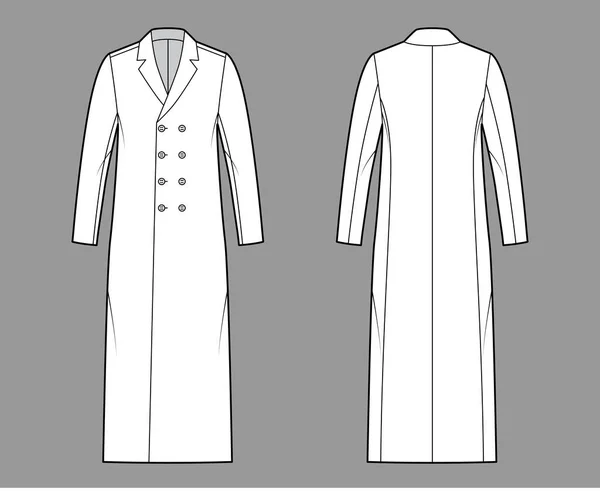Clássico casaco técnico moda ilustração com comprimento midi, mangas compridas, gola entalhada, oversized, de peito duplo —  Vetores de Stock