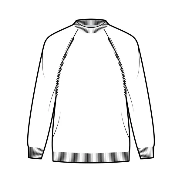 Halász pulóver technikai divat illusztráció bordás Crewneck, hosszú raglan ujjú, túlméretes, csípő hossza, kötött szegély — Stock Vector