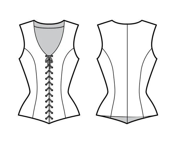 Bodice vest waistcoat technical fashion illustration with sleeveless, V-neck, lacing front closure, fitted body — Stock Vector