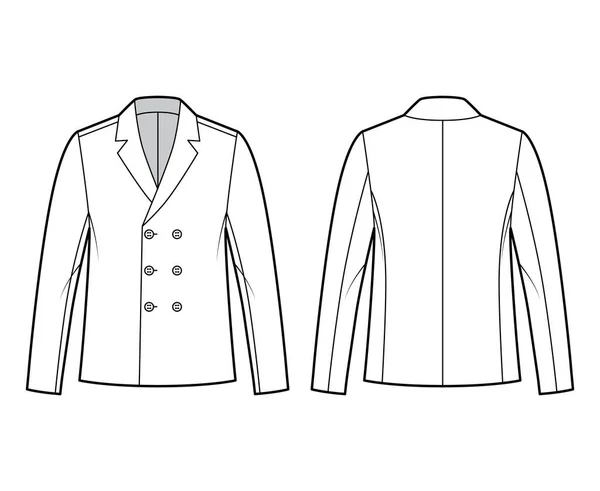 Chaqueta técnica moda ilustración con mangas largas, longitud de la punta del dedo, cuello chal con muescas, doble pecho — Vector de stock