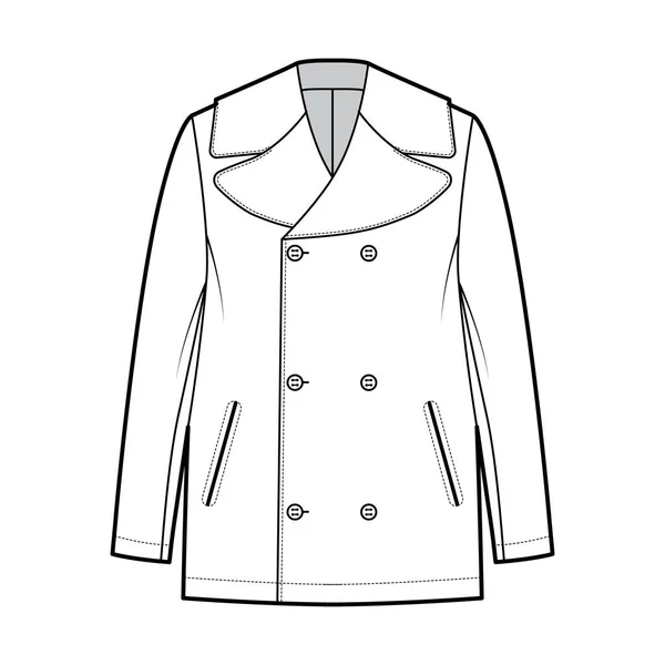 Pea overcoat técnica moda ilustração com peito duplo, comprimento da ponta dos dedos, Levante-se colarinho, bolsos jetted —  Vetores de Stock