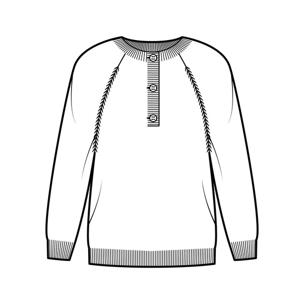 Jersey cuello henley ilustración técnica de moda con cuello de la tripulación de la costilla, manga larga raglán, longitud de la punta del dedo, ajuste del manguito — Vector de stock