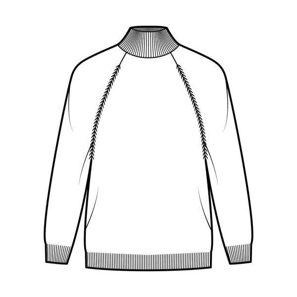 Dolcevita Maglione illustrazione tecnica di moda con maniche lunghe raglan, oversize, lunghezza punta delle dita, bordo costola in maglia. — Vettoriale Stock