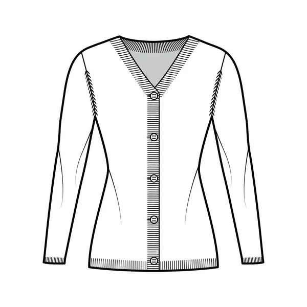 Cardigan Pull illustration de mode technique avec côtes Col V, manches longues, fermeture boutonnée coupe slim, garniture tricotée. Plat — Image vectorielle