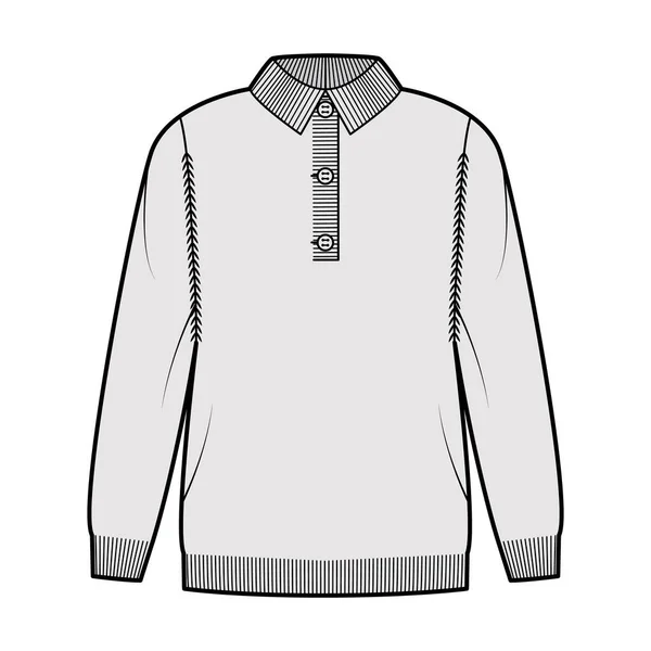 Polo Jersey técnica moda ilustración con cuello de henley costilla, mangas largas, de gran tamaño, longitud de la cadera, punto rib ajuste — Archivo Imágenes Vectoriales