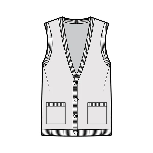 Cardigan vest sweater waistcoat technical fashion illustration with sleeveless, rib V-neckline, button closure, pockets — Stock Vector