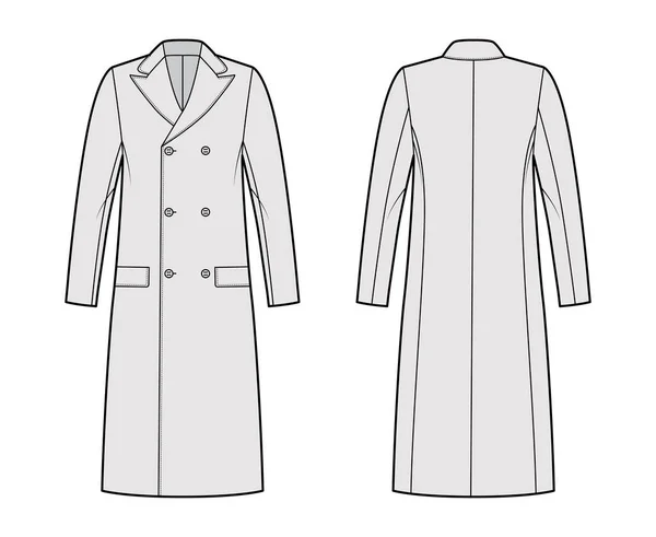 Ulsterette casaco ilustração de moda técnica com peito duplo, comprimento do joelho, pico de gola redonda, bolsos de aba. Plano —  Vetores de Stock