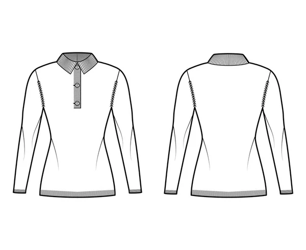 Polo Pullover technische Mode Illustration mit Rippstrick Henley Hals, klassischer Kragen, lange Ärmel, Hüftlänge, Strickbesatz — Stockvektor