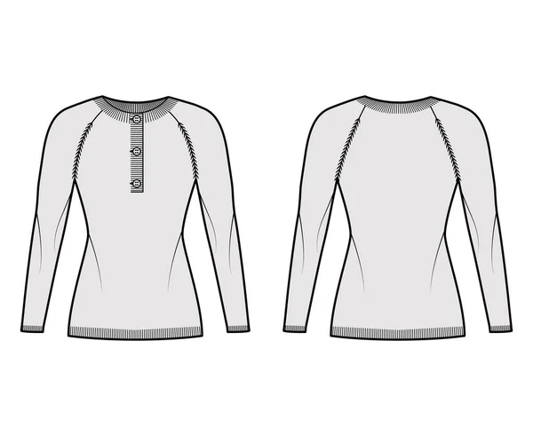 Pulóver henley nyak technikai divat illusztráció hosszú raglan ujjú, vékony illeszkedés, csípő hossza, borda kötött szegély. Lapos — Stock Vector