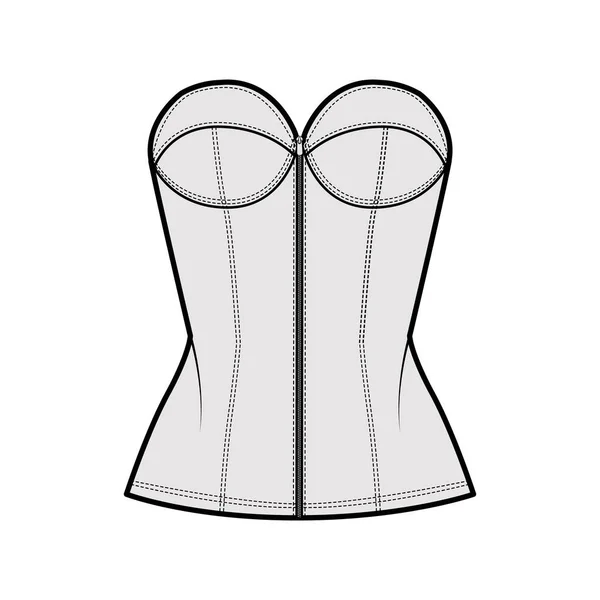 Corsetto in denim bustier top illustrazione tecnica di moda con basco, senza spalline, chiusura con zip, tazze, corpo aderente. Piatto — Vettoriale Stock