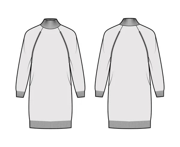 Vestido jersey de cuello alto ilustración técnica de moda con mangas largas raglán, cuerpo de gran tamaño, longitud de rodilla, ajuste de punto — Vector de stock