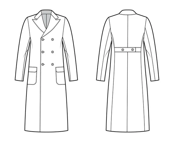 Polo coat ilustração de moda técnica com peito duplo, comprimento midi, gola de pico redondo, bolsos retalho patch. Plano —  Vetores de Stock