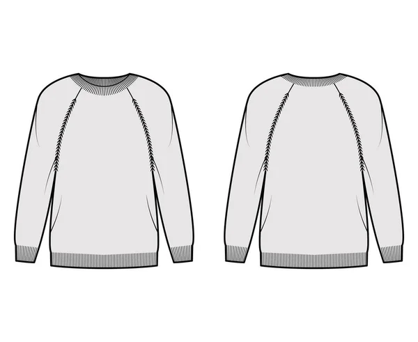 Ilustração de moda técnica de camisola com pescoço de tripulação de costela, mangas raglan longas, oversized, comprimento da coxa, guarnição de punho de malha —  Vetores de Stock