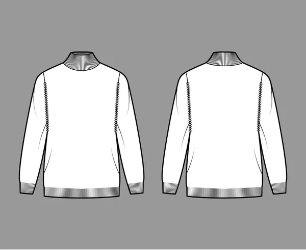 터틀넥 스웨터의 기술적 패션 일러스트는 긴소매, 지나치게 큰, 손가락 끝의 길 이, — 스톡 벡터