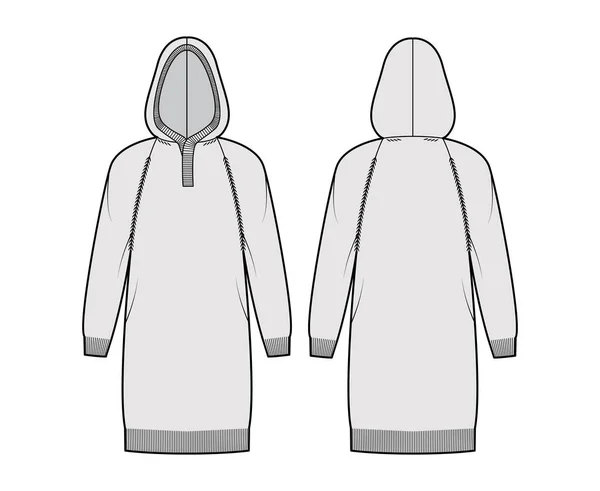Dress Hooded Sweater technical fashion illustration with rib henley neck, long raglan sleeves, relax fit, knee length — Stock Vector