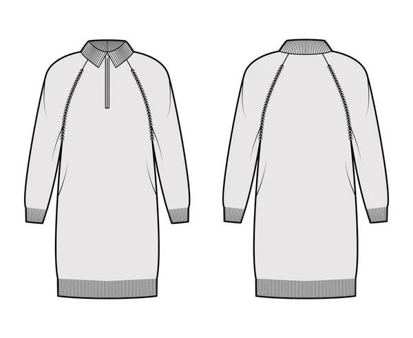 Vestido Zip-up Suéter técnica moda ilustração com costela henley pescoço, manga raglan longa, relaxar o corpo, comprimento do joelho — Vetor de Stock
