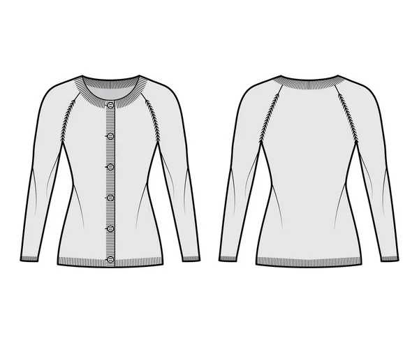 Cardigan de pescoço redondo ilustração de moda técnica com mangas raglan longas, corpo equipado, comprimento do quadril, manguito de costela de malha plana —  Vetores de Stock