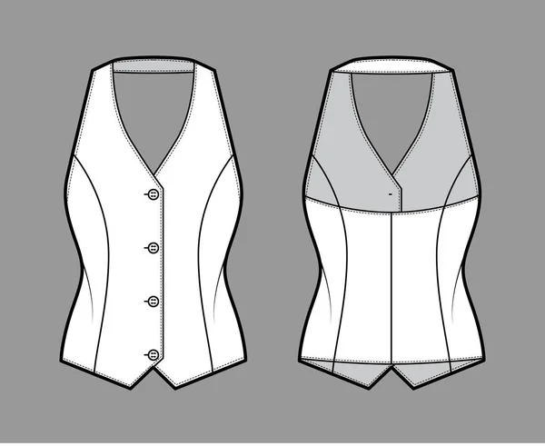 Pikantní vesta ohlávkové vesty technické módní ilustrace s bezopětným výstřihem, zapínáním na knoflíky, tenký střih. Flat — Stockový vektor