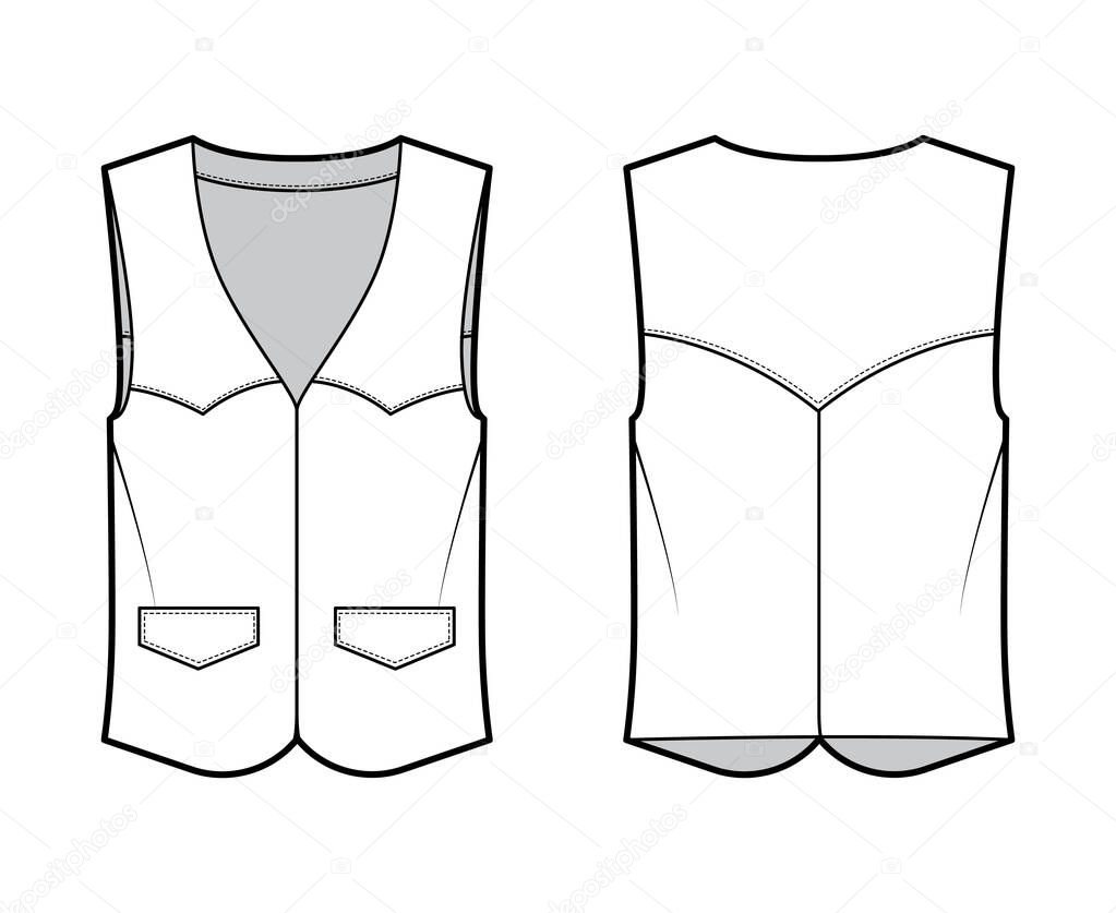 Western vest waistcoat technical fashion illustration with sleeveless, yoke, flap pockets, fitted body . Flat apparel 