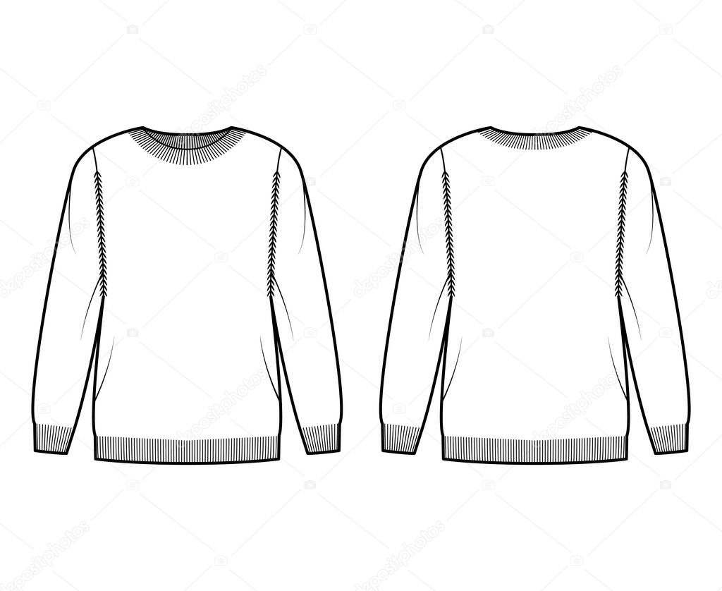 Sweater technical fashion illustration with rib crew neck, long sleeves, oversized, thigh length, knit cuff trim. Flat