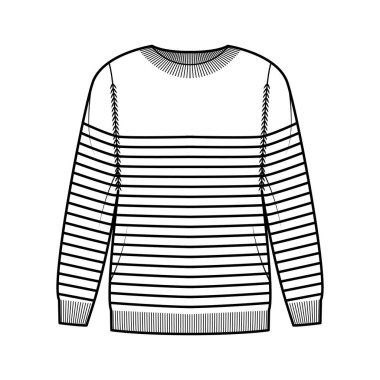 Denizci Kazağı Çizgili Kazak Teknik Moda Çizimi Kaburga mürettebatı yaka, uzun kollu, kalça uzunluğu, örgü manşetli
