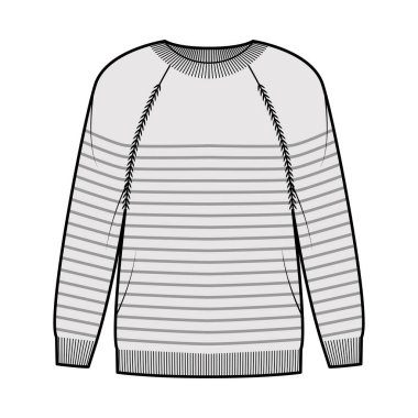 Denizci Kazağı Çizgili Kazak Teknik Moda Çizimi Kaburga mürettebatı yakalı, uzun paçavra kollu, aşırı büyük, kol manşetli