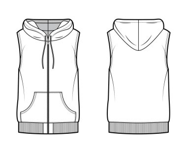 Hooded vest puffer waistcoat technical fashion illustration with sleeveless, kangaroo pouch, zip-up closure, oversized clipart
