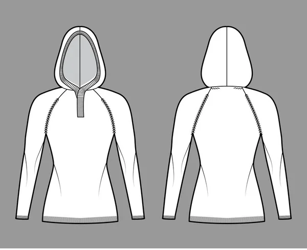 Kapuzenpullover technische Modeillustration mit Rippenausschnitt Henley, lange Raglanärmel, schlanke Passform, Hüftlänge, Rippenbesatz — Stockvektor