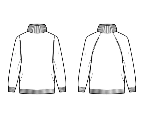 Conjunto de camisola exagerada gola alta ilustração de moda técnica com mangas compridas raglan, oversized, comprimento do quadril —  Vetores de Stock
